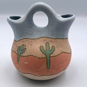 Vintage AZ Navajo Handpainted Pottery Mini Wedding Vase Pueblo Scene Signed